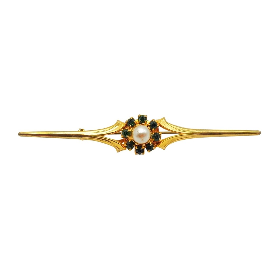 Austria Bar Pin Brooch Gold Tone‎ Green Crystal Faux Pearl Victorian Revival Vtg